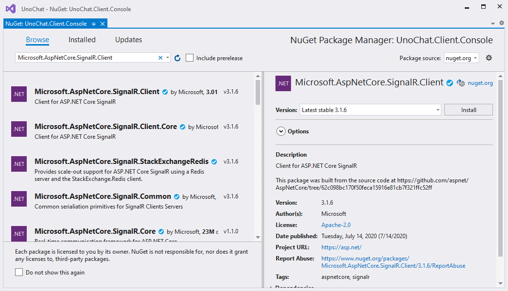 Install Microsoft Asp Net Core SignalR Client In UnoChat Client Console