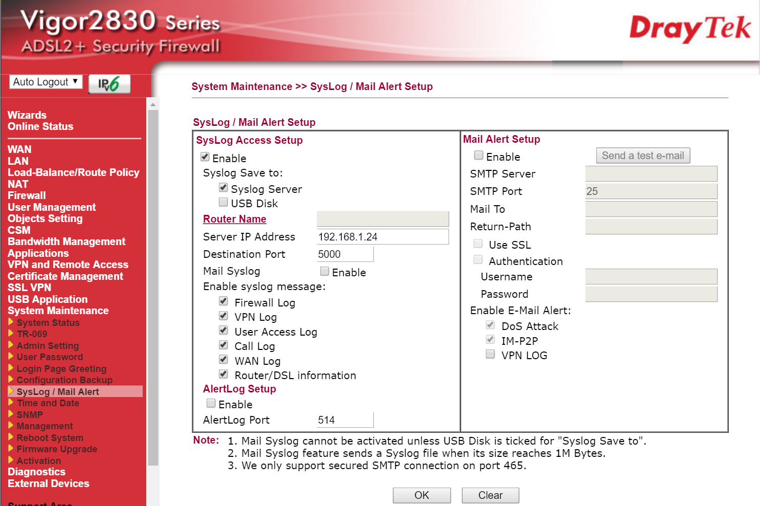 DrayTek Vigor Syslog Settings