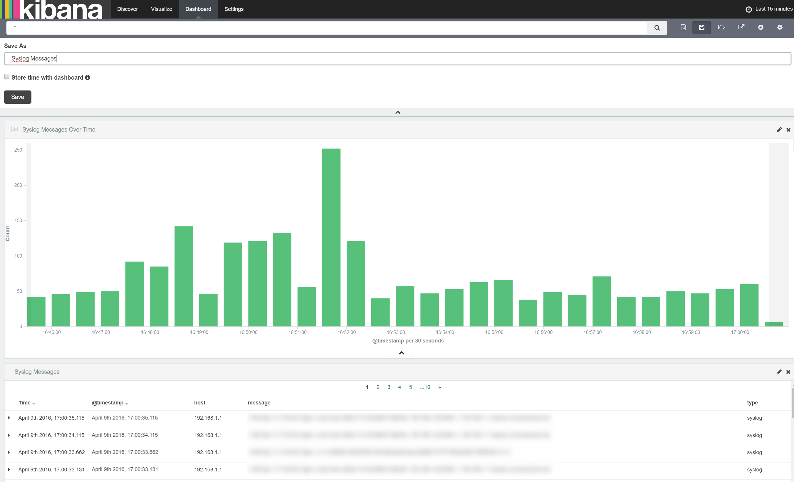 Kibana Dashboard Save Syslog Messages