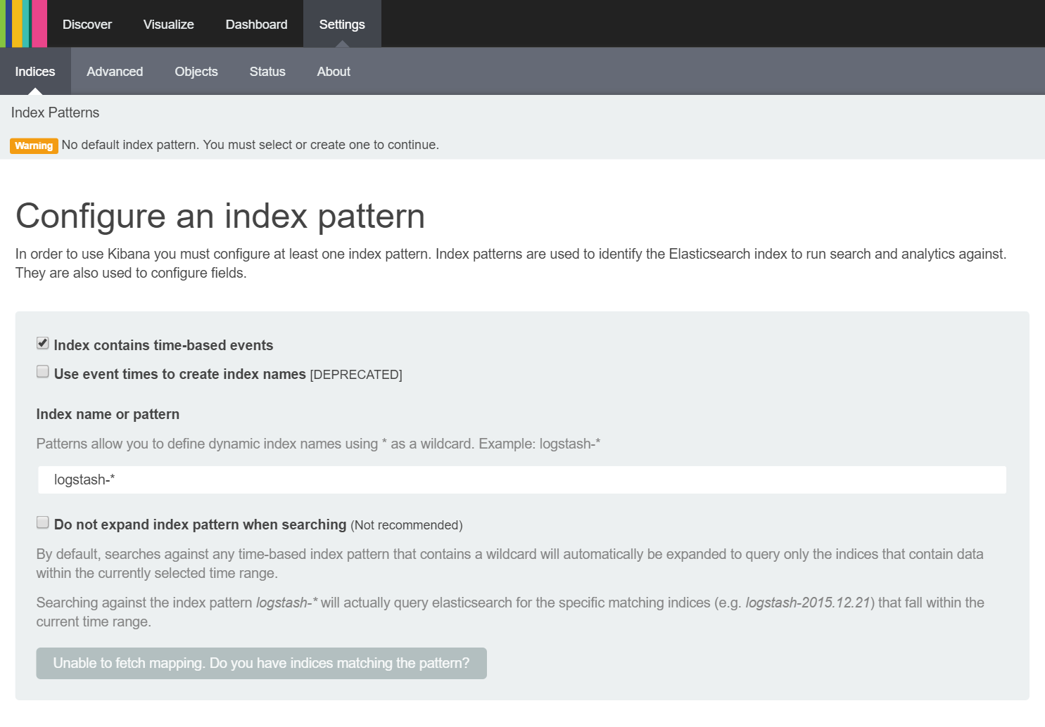 Kibana Initial Index Settings